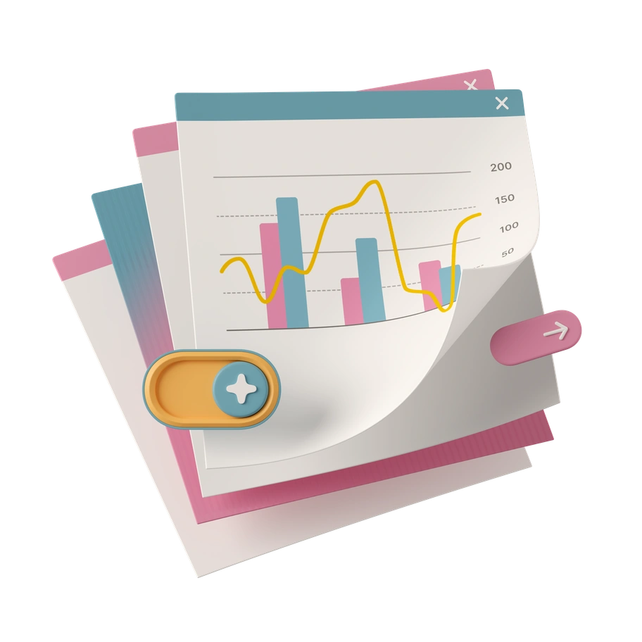 Colorful charts and graphs on stacked papers - 3D Casual life style illustration