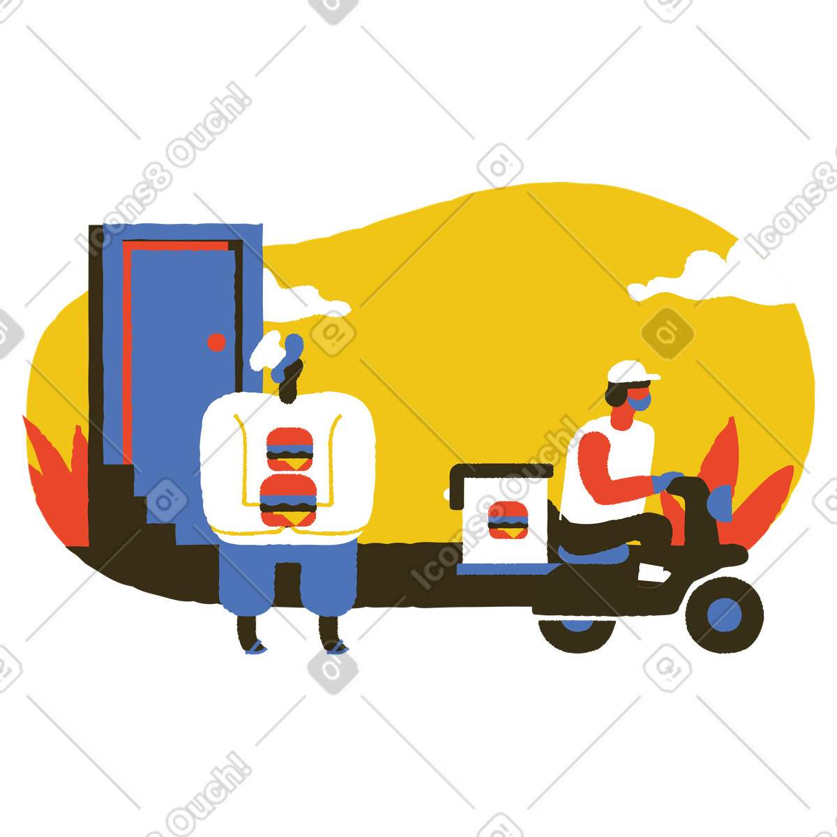 下载 Bermuda 风格的 一名男子正在让别人在家门口配送汉堡 插画，支持 PNG、SVG 格式
