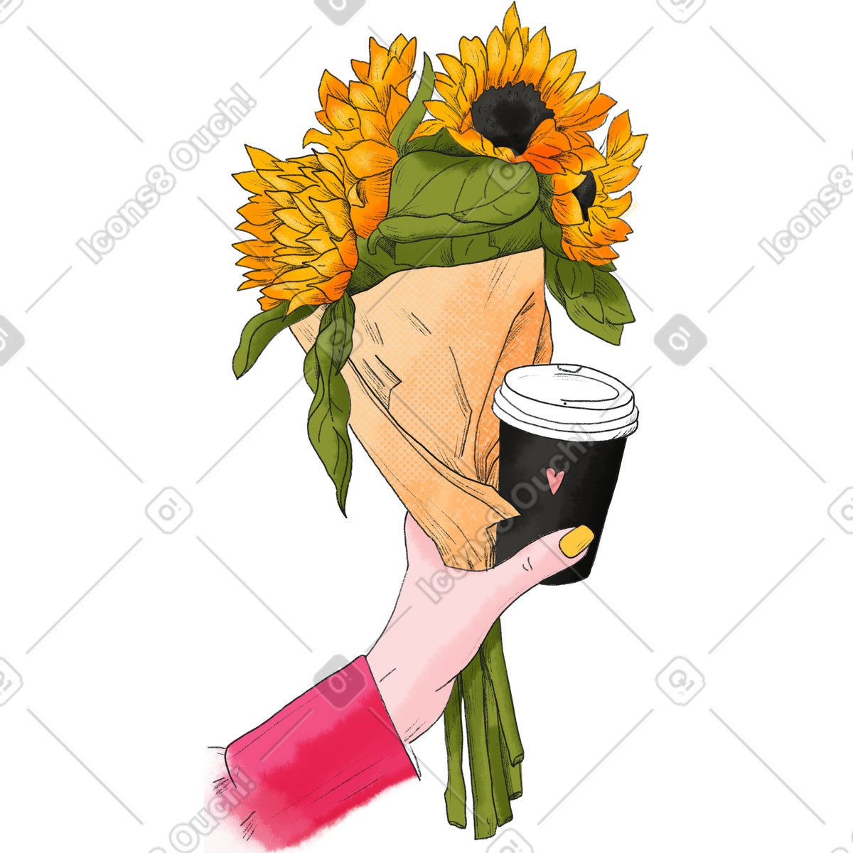 Hand holds coffee and a bouquet of flowers with sunflower illustration in Moments style download in PNG, SVG