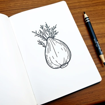 An artist's sketchpad is open, displaying a detailed pencil drawing of a "fennel bulb" at the center. Surrounding the bulb are "fronds" with delicate, feathery leaves, intricately sketched to show texture. The sketchpad is placed on a wooden table, with the edges of the pages slightly curled. A pencil lies next to the sketchpad, suggesting the artist's recent activity. The lighting softly highlights the curves and lines of the drawing, emphasizing the details of the fennel.
