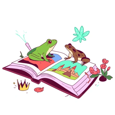 A green frog and a brown toad are perched on the open pages of a large, colorful storybook. The pages are filled with intricate illustrations of various fairy tale scenes. Surrounding the book are whimsical elements, including a sparkling white wand, a small golden crown, and a few vibrant red flowers. The frog is looking curiously at an illustration of a castle, while the toad is gazing up at a shimmering teal fairy hovering nearby. The background features a soft glow, enhancing the enchanting atmosphere of the scene.