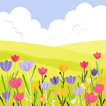 A vast field filled with colorful flowers in various shapes and sizes, each representing a different rare species. The flowers are vibrant shades of purple, yellow, and red, creating a lively tapestry across the landscape. Above, a bright blue sky with fluffy white clouds stretches overhead, enhancing the cheerful atmosphere. Sunlight bathes the field, casting soft shadows and highlighting the detailed petals of the flowers. A gentle breeze causes some of the flowers to sway slightly, adding movement to the serene scene.