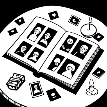 An open photo album resting on a wooden table, displaying a series of unsettling portraits depicting past victims. Each page holds black-and-white images that capture vivid expressions of fear and despair. The album has a worn, textured cover, and there are shadows cast on the table that hint at an ominous atmosphere. Surrounding the album are scattered, aged photographs and a small, flickering candle that adds a sense of eeriness to the scene.