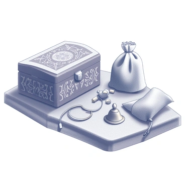 A collection of special mementos arranged on a textured surface. Each item represents the Upanayanam ceremony. There is a beautifully crafted wooden box, intricately carved with traditional designs. Next to the box, there are several small fabric pouches, embroidered with delicate patterns, containing sacred items. A ceremonial thread, known as "yajnopavita," is displayed prominently, styled with decorative knots. A small brass bell, polished to a shine, is positioned nearby, symbolizing auspiciousness. The scene captures the significance of these mementos, showcasing their cultural and spiritual value.
