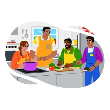 A group of three firefighters cooking a meal together in a firehouse kitchen. The first firefighter, a woman with short brown hair, is stirring a large pot on the stove. The second firefighter, a tall man with a thick beard, is chopping vegetables on a wooden cutting board. The third firefighter, a young man with curly black hair, is setting the table with plates and silverware. The kitchen is bright and filled with various cooking utensils, and a fire truck can be seen through a window in the background. A delicious aroma is emanating from the pot, hinting at the meal they are preparing.