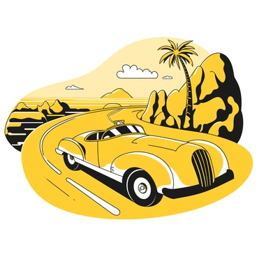 A classic vintage race car speeding along a coastal road with the ocean in the background