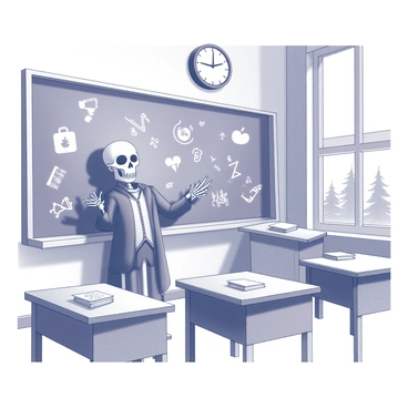 A skeletal figure dressed in a traditional teacher's outfit stands in front of a chalkboard. The skeleton is gesturing towards the board with one bony finger extended. The chalkboard is covered with various playful drawings, including whimsical shapes, cartoon characters, and mathematical symbols. Desks are arranged in neat rows, with a few scattered books on them. A window in the background shows the outline of trees outside, and a clock hangs on the wall showing the time. The atmosphere is lively, filled with energy and creativity.