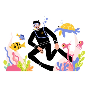 A scuba diver in a black wetsuit is diving underwater, surrounded by a variety of illustrated sea creatures. Colorful fish, including yellow clownfish and blue tangs, swim playfully around the diver. A large, friendly sea turtle glides gracefully beside the diver, while a vibrant octopus hangs from a nearby coral structure. The background features coral reefs in shades of pink, orange, and green, creating a lively underwater scene. Bubbles rise from the diver's tank, adding a sense of motion to the image.