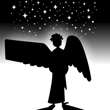 A large sculpture of "The Angel of the North" stands prominently, its wings spread wide. The sculpture is illuminated softly by "moonlight," casting elongated shadows on the ground. Above, the "starry sky" is filled with numerous "constellations," each star twinkling brightly against the dark backdrop. The scene captures the contrast between the silhouette of the angel and the shimmering stars above, creating a striking visual composition.
