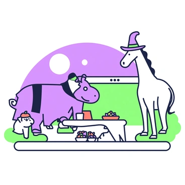A hippopotamus is wearing a spooky costume with a dark cloak and a ghostly mask. It stands on the sidewalk with a group of other animals. To the left, there is a small, furry dog wearing a pumpkin hat, wagging its tail excitedly. On the right, a tall giraffe is wearing a witch's hat, peering curiously at a nearby house. In front of them, a table filled with colorful candy bowls is set up, overflowing with treats. The backdrop features a full moon shining brightly in the night sky, illuminating the scene.