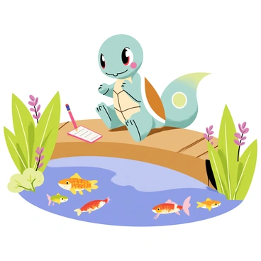 A thoughtful Squirtle sitting on a wooden bridge over a tranquil koi pond. The Squirtle has a pencil in one flipper and a small notepad in front of it. Colorful koi fish swim below the bridge, their scales shimmering in the water. Lush green plants and flowers frame the scene, adding vibrant colors. The Squirtle appears focused, with its eyes narrowed in concentration as it writes a haiku.