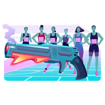 A sleek starting pistol, designed with metallic finishes and intricate engravings, is in the foreground. It is emitting a burst of bright orange flames and smoke from its muzzle, indicating it has just been fired. In the background, a group of athletes, of diverse ethnicities and genders, is poised in various running stances, their bodies tense with anticipation. The running track is marked with bright white lines, and the spectators in the stands are cheering enthusiastically. The atmosphere is charged with excitement as the runners prepare to sprint forward.