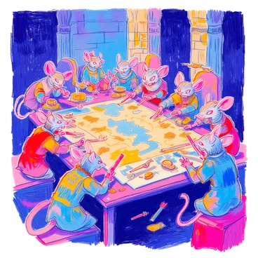 Different skaven factions are gathered around a large, worn table, intensely arguing over a detailed map spread across its surface. The skaven are depicted as small, humanoid rat-like creatures with fur-covered bodies and sharp teeth. Each faction is represented by skaven wearing distinctive colors and markings that signify their allegiance. 

The atmosphere is charged with tension as some skaven point aggressively at different locations on the map, while others appear to be whispering conspiratorially among themselves. Cluttered around the table are various items including small weapons, scrolls, and a few scattered coins. In the backdrop, a dimly lit chamber filled with stone walls and flickering torches sets the scene for this council of intrigue.