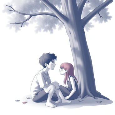 A young boy with black hair and a pale complexion, dressed in simple clothing, sits under a large tree with broad branches. He has a slight smile on his face as he turns to a girl with long, red hair, who is sitting next to him. The girl is wearing a modest dress and looking at him with a playful expression, her eyes sparkling with mischief. The ground beneath them is covered with fallen leaves, and the tree provides a dappled shade, creating an intimate atmosphere. They are sharing a secretive moment, captured in the soft glow of daylight filtering through the tree branches above.
