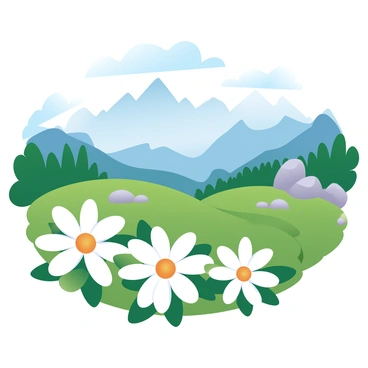 A cluster of "Edelweiss flowers" is blooming on a grassy slope. Each flower has star-shaped white petals surrounded by green leaves. In the background, a majestic view of the "Alps" stretches across the horizon, with snow-capped peaks rising sharply against the sky. The mountain landscape is dotted with patches of green trees and rocky outcrops. The overall scene is vibrant, filled with the natural beauty of the alpine environment.