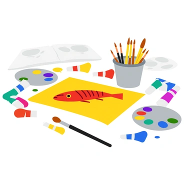 An artist's table is covered with various tubes of vibrant paints scattered around. A collection of brushes in different sizes stand upright in a container, their bristles stained with multiple colors. In the center of the table lies a nearly finished illustration of a fishing lure, showcasing bright red and yellow shades with intricate details. The background features a few empty paint palettes and a sketchbook partially open, revealing additional designs. The overall scene captures the creative chaos of an artist's workspace.