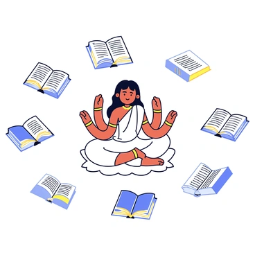 A figure of Saraswati with four arms is depicted gracefully, adorned in a flowing white garment. She is seated on a white lotus flower. Surrounding her are numerous floating books, each book glowing with a soft, ethereal light in shades of blue and gold. The illumination highlights intricate details on the covers of the books, which are slightly opened, revealing text within. The scene conveys a sense of wisdom and knowledge as the books orbit around her.