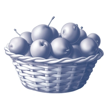 A woven basket filled to the brim with plump, ripe plums. The plums vary in shape and size, some rounded while others are slightly oblong. The basket showcases intricate weaving patterns, and the plums are nestled together, creating a bountiful display. The scene captures the textures of the plums, highlighting their smooth skin and slight sheen. A few plums are partially emerging from the basket, suggesting abundance. The background features a simple, neutral surface that enhances the focus on the basket of fruit.