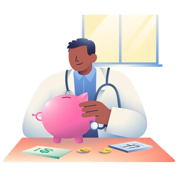 A doctor with light brown skin and short black hair is standing at a wooden table, intently examining a piggy bank using a stethoscope. The piggy bank is bright pink with a glossy finish and has a shiny coin slot on top. The doctor is wearing a white lab coat over a blue shirt, and the stethoscope is draped around their neck. On the table next to the piggy bank, there are several scattered coins and a notepad with financial notes. Behind the doctor, there is a window letting in warm sunlight, illuminating the scene.