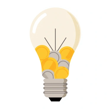 A light bulb with a clear glass exterior, filled to the brim with shiny gold and silver coins. The filament of the light bulb is visible, glowing softly as it symbolizes energy. The base of the bulb is metallic and polished, reflecting the coins inside. The background is a simple color that enhances the light bulb's prominence, emphasizing the theme of savings represented by the coins.