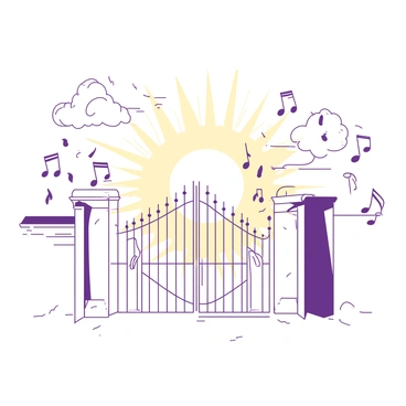 A white gate with intricate designs is set against a radiant background. Musical notes in various sizes are floating gracefully around the gate, creating a sense of movement and rhythm. The notes have a soft glow, enhancing the ethereal atmosphere. Wisps of clouds are visible in the background, subtly framing the gate and notes, suggesting a divine presence.
