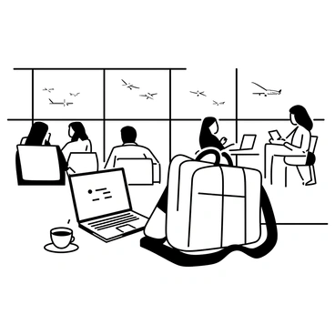 A professional travel bag is placed next to a sleek laptop on a wooden table. The bag is made of durable fabric with multiple compartments, and it has a padded shoulder strap. The laptop is open, displaying a travel application on the screen. In the background, there are people seated on comfortable chairs, some engaged in conversations and others focused on their devices. Large windows show a view of airplanes on the runway. A small cup of coffee is beside the laptop on the table.