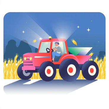 A large red tractor is working in a field illuminated by bright lights. The tractor is equipped with a grain hopper, and the driver is visible inside, focused on maneuvering the vehicle. Surrounding the tractor are tall stalks of golden wheat that are ready for harvest. The night sky above is deep blue with a few scattered stars. Shadows cast by the bright lights create a contrasting play of light on the ground, highlighting the texture of the soil. In the background, a silhouette of a barn can be seen, further enriching the rural scene.