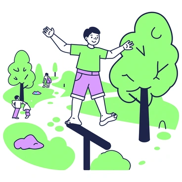 A child is skillfully balancing on a narrow fence perch in a park. The child is wearing a bright t-shirt and shorts, with bare feet gripping the fence. Their arms are extended for balance, and their expression shows focus and determination. Surrounding the child, there are green trees with sunlight filtering through the leaves, casting dappled shadows on the ground. In the background, a pathway winds through the park, and a few people can be seen walking and enjoying the day. The scene conveys a sense of playfulness and adventure.