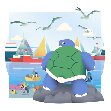 A large Blastoise with blue skin and a powerful shell is standing on a rocky outcrop, facing the bustling harbor. Its cannons are prominently visible on its back, and it has a focused expression as it gazes over the scene. In the harbor, various ships of different sizes are anchored, including colorful sailboats and large cargo vessels. Seagulls are flying overhead, their wings spread wide as they soar above the water. The harbor is filled with activity, with people walking along the docks and unloading crates. The sky is clear with a few fluffy clouds, and the sunlight reflects off the water, creating a lively atmosphere.