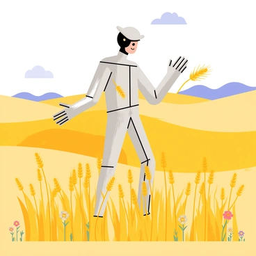 The Tin Man is standing in a golden wheat field, with tall, swaying stalks of wheat surrounding him. He is reaching out with his metallic arms to gather ripe golden wheat, while his shiny, silver body reflects the sunlight. The sky above is bright blue with a few fluffy white clouds. In the background, there are rolling hills that add depth to the scene, and a few colorful wildflowers dot the edges of the wheat field.