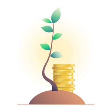 A small sapling tree with delicate green leaves is positioned behind a tall stack of shiny gold coins. The tree has a thin trunk that is slightly bent, suggesting its youth. The stack of coins is neatly arranged, with the topmost coin reflecting light, creating a glimmering effect. The ground beneath the sapling is a rich brown, giving a sense of earthiness and support. The background is softly blurred, emphasizing the tree and the coins in the foreground.