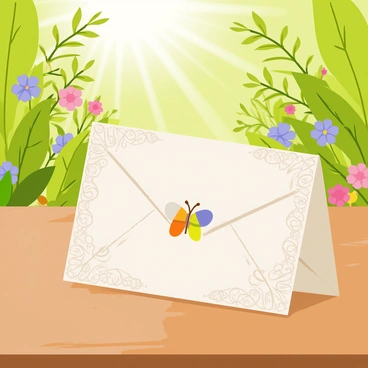 An ornate envelope with intricate floral patterns on its surface rests on a wooden garden table. The envelope features a vibrant butterfly seal in the center, showcasing shades of blue and orange. Surrounding the table are lush green plants, blooming colorful flowers, and soft sunlight filtering through the leaves, creating a warm and inviting atmosphere in the garden scene.