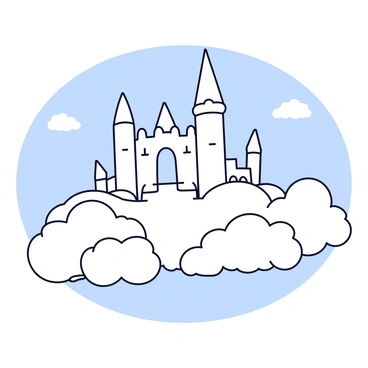 A palace made of clouds with soft, fluffy shapes. The structure features elegant archways that gracefully curve, connecting different sections of the palace. Tall towers rise above, tapering to a point, each adorned with wispy formations that mimic spires. The overall color palette is a gentle mix of white and light blue, creating a light and airy appearance. The palace is set against a clear blue sky, allowing it to stand out prominently.