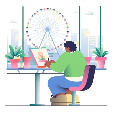An illustrator with medium skin and curly black hair is sitting at a table in a café, focused on drawing. The table is covered with art supplies, including colored pencils and sketch paper. The café features large glass windows that provide a clear view of the Singapore Flyer in the background. The Singapore Flyer, a giant Ferris wheel, is prominently displayed, showcasing its colorful lights against the evening sky. The café has a warm atmosphere with soft wooden furniture and potted plants scattered around. A steaming cup of coffee sits on the table next to the illustrator, adding to the creative ambiance.