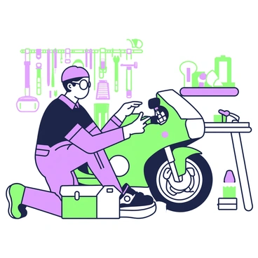 A mechanic is kneeling beside a motorcycle, focusing intently on replacing a headlight bulb. He is wearing a dark mechanic's uniform and safety glasses. The motorcycle is parked on a workshop floor, with a tool box nearby. The mechanic is holding the new bulb in one hand, while using his other hand to remove the protective cover from the headlight. In the background, various tools are hanging on the wall, and a workbench is visible with additional equipment scattered on top.