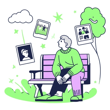 An elderly person is sitting on a wooden bench in a park, surrounded by old photographs floating in the air. The photographs depict various scenes from their past, including a black-and-white image of a young couple dancing, a picture of children playing in a field, and a family gathering around a table. The elderly individual has gray hair and is wearing a cozy knit sweater, looking up thoughtfully at the memories suspended around them. Sunlight filters through the trees, casting gentle shadows on the ground, enhancing the poignant atmosphere of reflection.