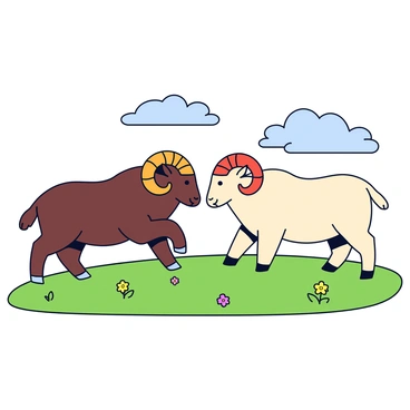 Two rams with thick, curved horns are butting heads on a grassy hillside. Each ram has a sturdy build, with a woolly coat, one is a dark brown color and the other is a light cream. Their muscular bodies are tensed, showcasing their determination as they lock horns. The hillside is covered in vibrant green grass, with a few scattered wildflowers adding color to the scene. The sky above is clear with a few fluffy clouds drifting by. Both rams are focused on each other, neither willing to back down in their challenge.