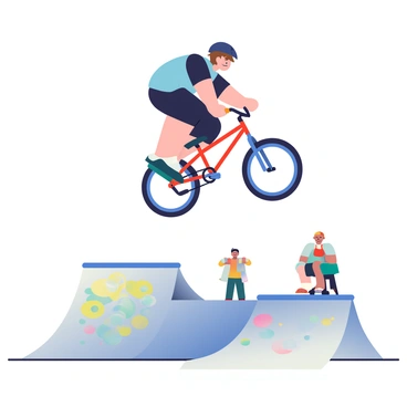 A BMX rider with a dark helmet and a blue and black jersey is captured mid-air above a half-pipe at a skate park. The rider has short brown hair and is wearing black shorts and knee pads. The bike features a vibrant red frame and has blue wheels. The rider is performing a trick with their body angled downward and one foot extended outward, showcasing their skill. Below, a concrete surface dotted with colorful graffiti adds to the urban aesthetic, while a few spectators in the background are watching the performance intently. Bright sunlight casts distinct shadows on the ground, enhancing the dynamic scene.