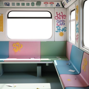 A subway car with no passengers inside. The walls are covered in vibrant, colorful graffiti, showcasing various artistic designs and patterns. The benches, made of metal and plastic, are also adorned with splashes of paint. The floor is slightly grimy, with a few scattered papers, emphasizing the abandoned feel of the car. Natural light filters through the windows, illuminating the graffiti and casting soft shadows across the seats.