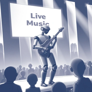 A robotic musician stands on a grand stage, showcasing its mechanical design with intricate details of gears and circuits. The robot is playing a sleek, futuristic instrument, producing vibrant sounds. Bright stage lights cast dramatic shadows, illuminating the performer and creating an energetic atmosphere. The audience, composed of various humanoid figures, watches in awe, with expressions of excitement. The background features towering futuristic structures, enhancing the concert's advanced setting. "Live Music" is displayed prominently on a screen above the stage, capturing the essence of the performance.