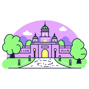 Bangalore Palace stands majestically, illuminated by soft evening lights. The palace features a prominent tower with intricate architectural details, and its walls are adorned with elegant patterns. Surrounding the structure, there are lush green trees that frame the scene. The dusky sky transitions from shades of purple to deeper tones, enhancing the evening atmosphere. Pathways lead up to the entrance, lined with small lamps that cast a gentle glow, inviting visitors to explore the majestic site.