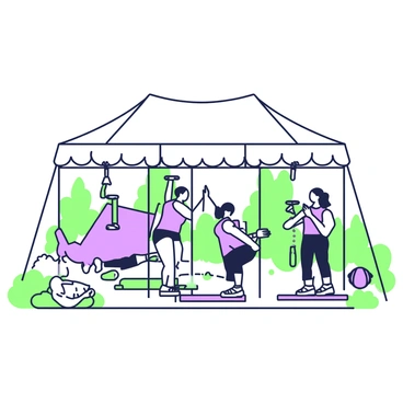 A group of campers is participating in a workout session under a large tent. In the center, there are several campers performing lat pulldowns using exercise bands attached to a sturdy frame. Each camper is focused on their form. One camper is in a crouched position, gripping the band with both hands and pulling it down towards their chest. Nearby, another camper is standing upright, engaging in the exercise with determination. There are yoga mats laid out on the ground, and other campers are stretching on their mats in preparation for the session. The tent is supported by vertical poles, casting shadows on the ground. Surrounding the tent, there are trees and nature elements, indicating an outdoor setting.