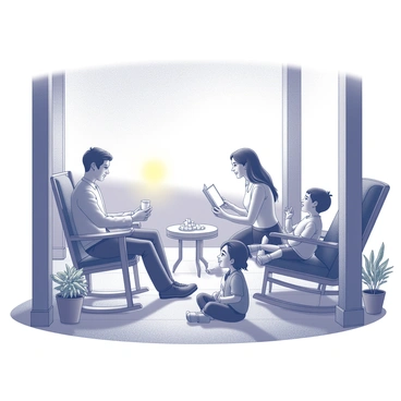 A family of four is sitting on a wooden porch. The father is leaning back in a rocking chair, smiling as he listens to the stories. The mother is sitting next to him on a cushioned chair, holding a cup. A young girl sits cross-legged on the floor, animatedly telling a story with hand gestures, while her older brother is leaning against a post, looking amused. The sun is setting in the background, casting long shadows and creating a cozy atmosphere. The porch is adorned with potted plants and a small table with snacks.