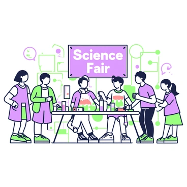 A lively science fair is taking place in a spacious indoor venue. Several students are standing at their booths, enthusiastically presenting their experiments and inventions to onlookers. One student is demonstrating a small robot that moves in response to voice commands, while another is showcasing a colorful erupting volcano made from baking soda and vinegar. Nearby, a table is filled with various glass beakers and tubes, where a student is explaining a chemical reaction that produces bubbles. Behind them, a large banner reads "Science Fair" in bold letters. Groups of parents and other students gather around, engaged and asking questions about the projects.