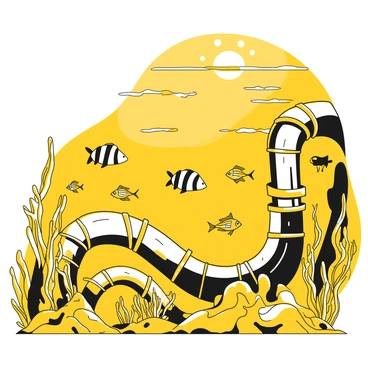 An underwater scene featuring a network of interconnected pipelines along the ocean floor. The pipelines are transparent and allow visibility of the water flowing through them. Various colorful fish, including small schools of yellow and black striped fish, swim gracefully inside the tubes. Around the pipelines, vibrant coral formations and aquatic plants sway gently in the water, creating a lively marine environment. Light filters down from the surface, illuminating the scene with a soft glow.