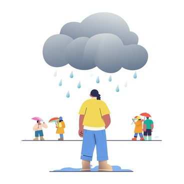 A person with medium skin and dark hair is standing alone under a large, gray cloud that casts a shadow over them. The cloud is thick and swirling, appearing heavy with rain. The ground beneath their feet is wet, forming small puddles around them. In the background, a group of people with umbrellas are moving about, dressed in raincoats and boots, all assuming the rainy weather is permanent. Some are huddled together, chatting, while others walk briskly, glancing up at the dark sky. The contrast of the bright clothing of the group against the dreary atmosphere emphasizes the isolation of the person beneath the cloud.
