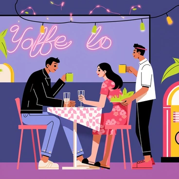 A scene inspired by a classic film featuring a couple at a dimly lit café. The couple sits at a round table, with a checkered tablecloth and two glasses of sparkling water in front of them. The man wears a stylish black leather jacket and jeans, while the woman is dressed in a trendy red dress with a floral pattern. Soft, colorful neon lights from the café's sign illuminate the background. A string of fairy lights hangs overhead, adding to the modern ambiance. A vintage jukebox can be seen in the corner, playing a classic tune. A waiter carries a tray with a coffee pot and two mugs, approaching the couple with a smile.