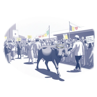 A village pageant taking place on a sunny day, filled with people gathering to watch the festivities. In the foreground, there is a two-headed calf, adorned with a decorative crown on its heads. The calf stands out as it is being led along the parade route, surrounded by colorful banners and festive decorations. Various villagers are dressed in traditional attire, some waving to the crowd, while others hold handmade signs celebrating the event. The scene captures the lively atmosphere of community celebration and pride.