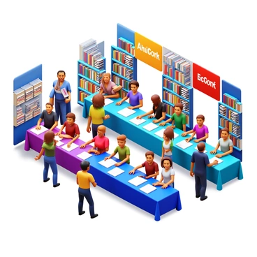 A busy book fair with rows of tables showcasing various books. Authors are seated at the tables, smiling and signing books for eager fans. Readers are exploring the fair, browsing through stacks of books and chatting with each other. Colorful banners display names of popular authors and book themes. Stalls are decorated with eye-catching displays of new releases and classic titles. The atmosphere is lively with people engaging and exchanging ideas.