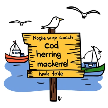 A rustic wooden sign at a fishing harbor, featuring weathered textures and a slightly chipped finish. The sign displays the day's catch, including "cod," "herring," and "mackerel" in black lettering. Below it, there are tide times marked, with "high tide" and "low tide" indicated in bold. The background shows a glimpse of the harbor with fishing boats moored gently on the water, and a few seagulls flying overhead.